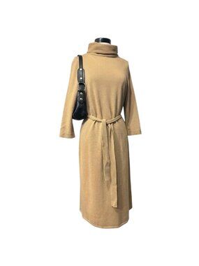 Talbots Tan Camel Merino Wool Sweater Dress Turtleneck Belted Midi Medium Fall